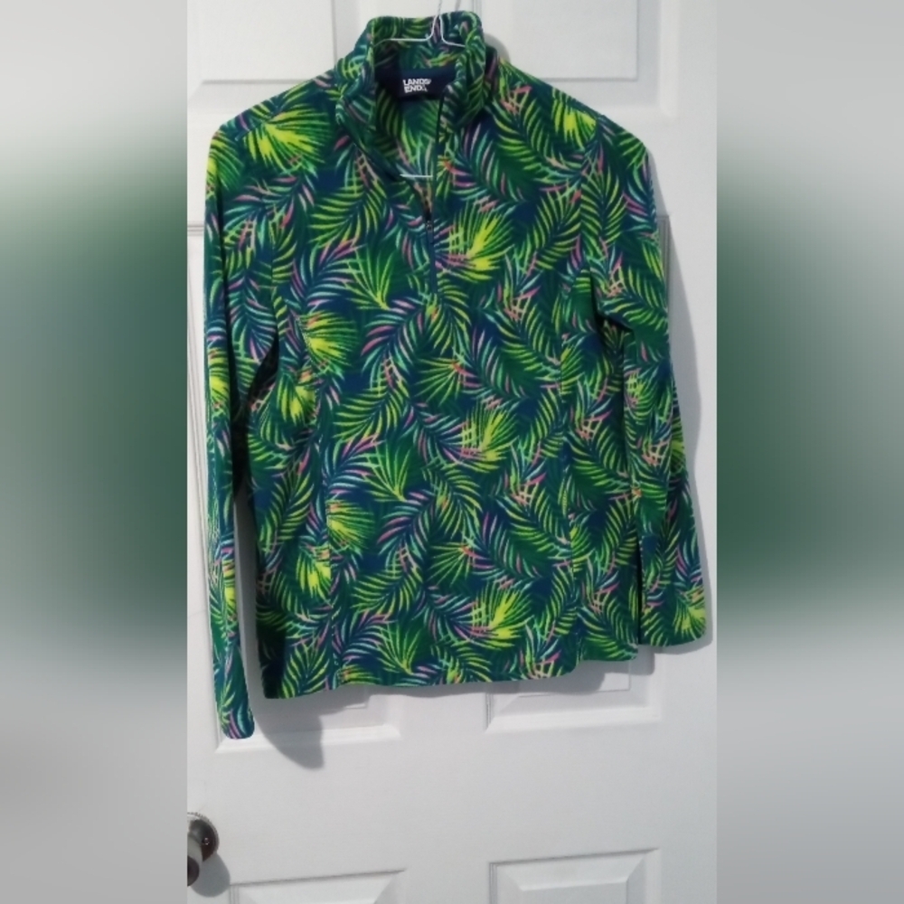 Lands' End Green and Yellow Leaf Print Sweatshirt